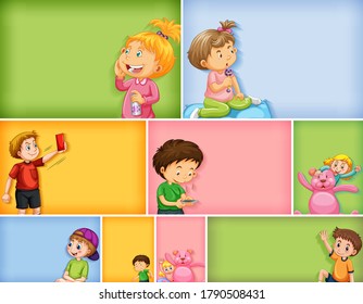 Set of different kid characters on different color background illustration