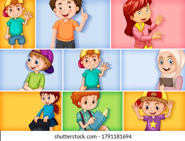 Set of different kid characters on different color background illustration