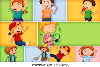 Conjunto de caracteres de niño diferentes en una ilustración de fondo de color diferente