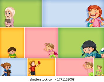 Set of different kid characters on different color background illustration