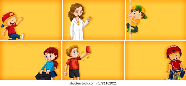 Set of different kid characters on yellow color background illustration