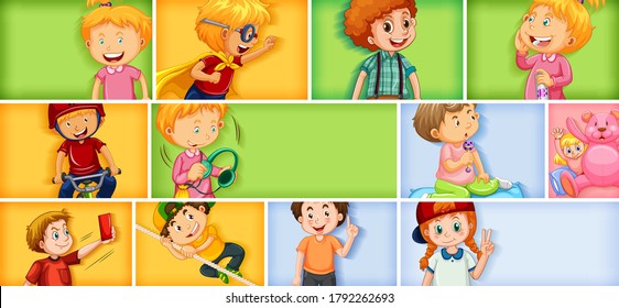 Set of different kid characters on different color background illustration