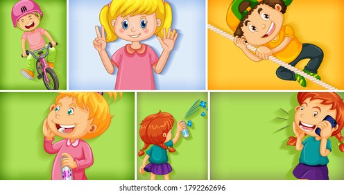 Conjunto de caracteres de niño diferentes en una ilustración de fondo de color diferente