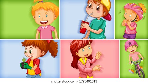 Set of different kid characters on different color background illustration