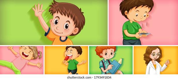 Set of different kid characters on different color background illustration