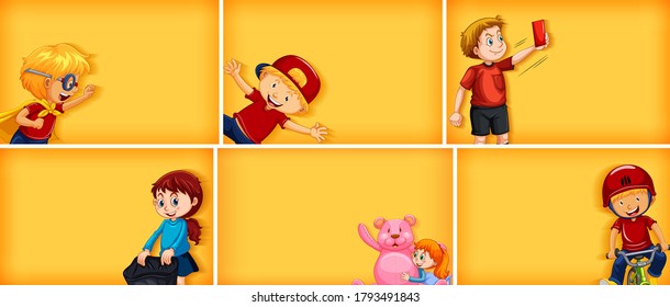 Conjunto de caracteres de niño diferentes en la ilustración de fondo de color amarillo