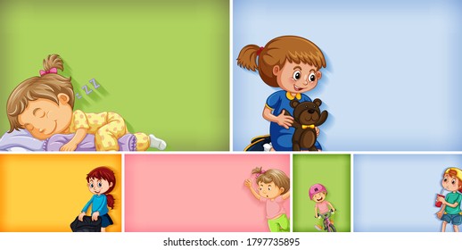 Conjunto de caracteres de niño diferentes en una ilustración de fondo de color diferente