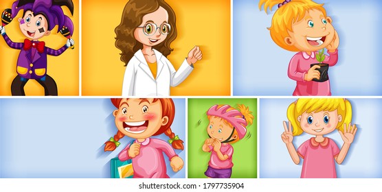 Set of different kid characters on different color background illustration