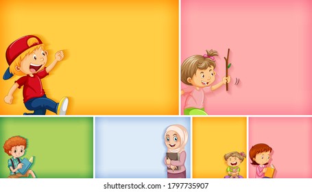 Set of different kid characters on different color background illustration