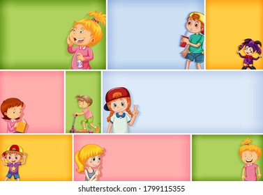 Set of different kid characters on different color background illustration