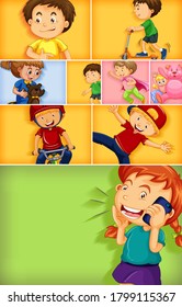 Set of different kid characters on different color background illustration