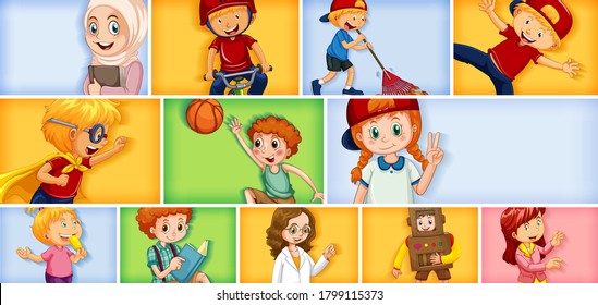 Set of different kid characters on different color background illustration
