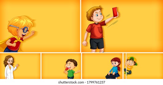 Set of different kid characters on yellow color background illustration