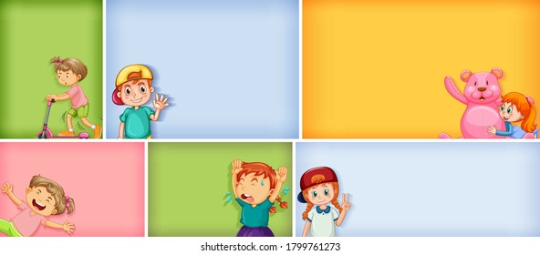 Conjunto de diferentes caracteres infantis em ilustração de fundo de cor diferente