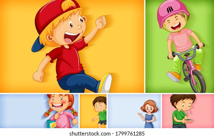 Set of different kid characters on different color background illustration