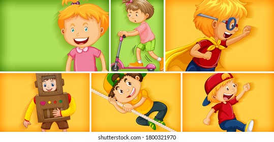 Conjunto de caracteres de niño diferentes en una ilustración de fondo de color diferente