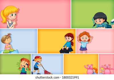 Set of different kid characters on different color background illustration