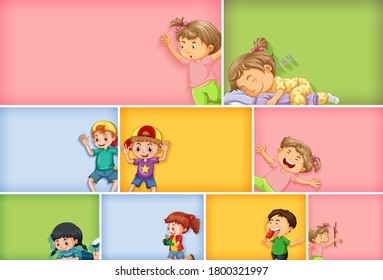 Conjunto de caracteres de niño diferentes en una ilustración de fondo de color diferente