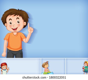 Conjunto de caracteres de niño diferentes en la ilustración de fondo de color azul