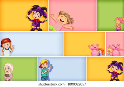 Set of different kid characters on different color background illustration