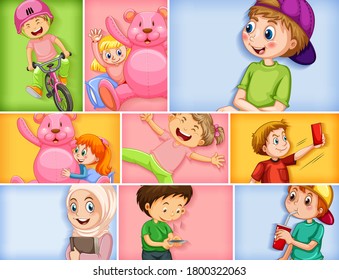 Set of different kid characters on different color background illustration