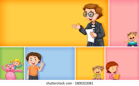 Set of different kid characters on different color background illustration