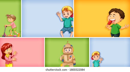 Conjunto de caracteres de niño diferentes en una ilustración de fondo de color diferente
