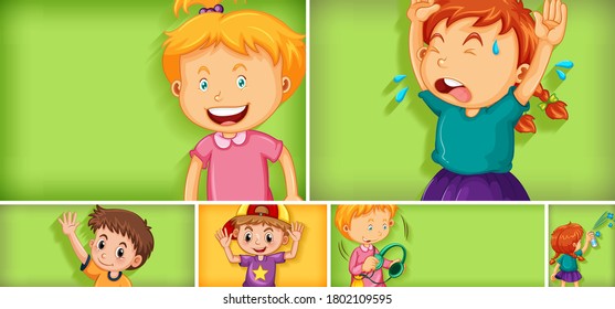 Set of different kid characters on different color background illustration