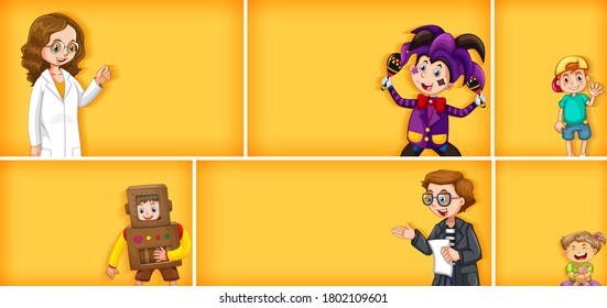 Set of different kid characters on yellow color background illustration