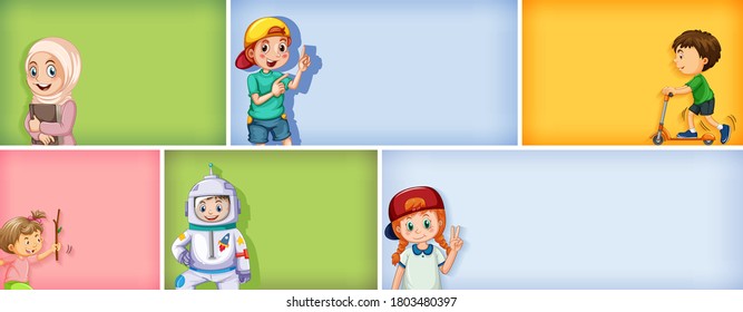 Set of different kid characters on different color background illustration