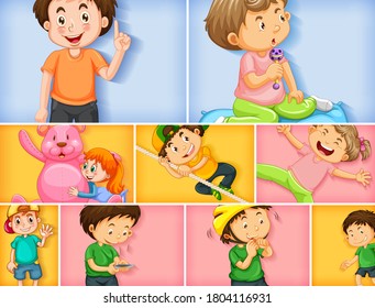 Set of different kid characters on different color background illustration