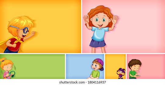 Set of different kid characters on different color background illustration