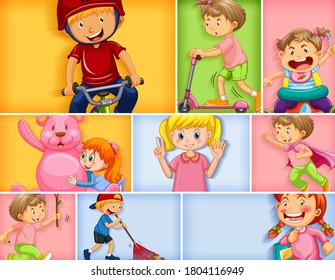 Set of different kid characters on different color background illustration