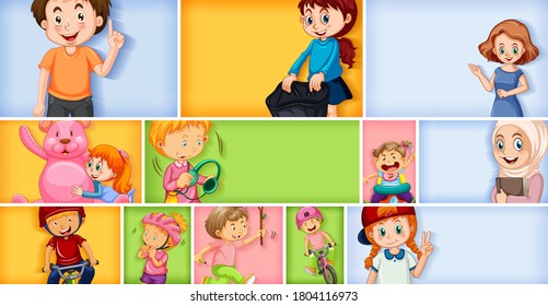 Set of different kid characters on different color background illustration
