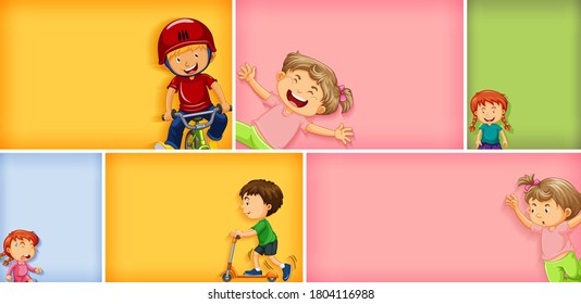 Set of different kid characters on different color background illustration