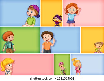Set of different kid characters on different color background illustration