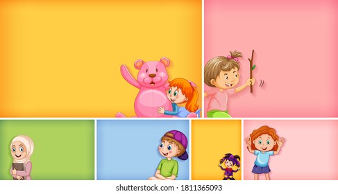 Set of different kid characters on different color background illustration