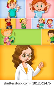Set of different kid characters on different color background illustration