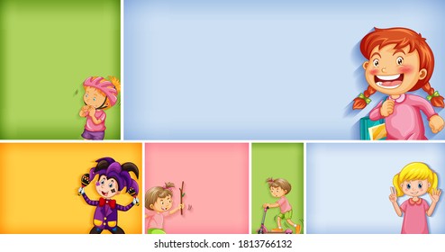Conjunto de diferentes caracteres infantis em ilustração de fundo de cor diferente