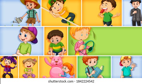 Set of different kid characters on different color background illustration