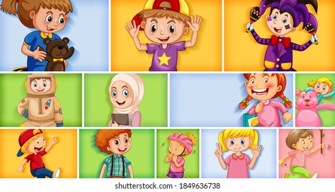 Set of different kid characters on different color background illustration