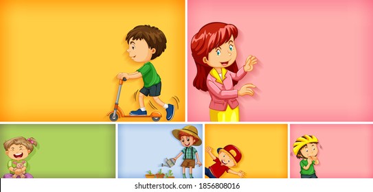 Set of different kid characters on different color background illustration