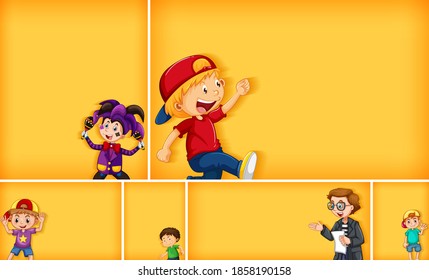 Set of different kid characters on yellow color background illustration