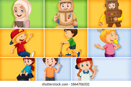 Set of different kid characters on different color background illustration