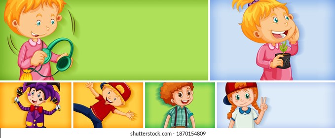 Set of different kid characters on different color background illustration