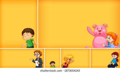 Set of different kid characters on yellow color background illustration