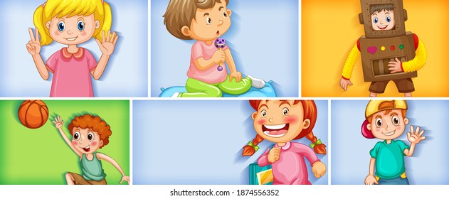 Set of different kid characters on different color background illustration