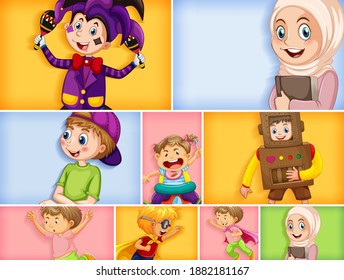 Conjunto de caracteres de niño diferentes en una ilustración de fondo de color diferente