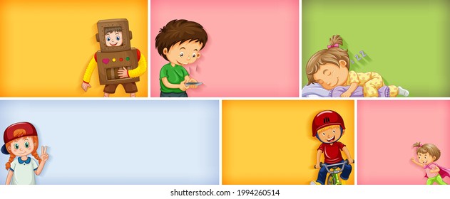 Conjunto de caracteres de niño diferentes en una ilustración de fondo de color diferente