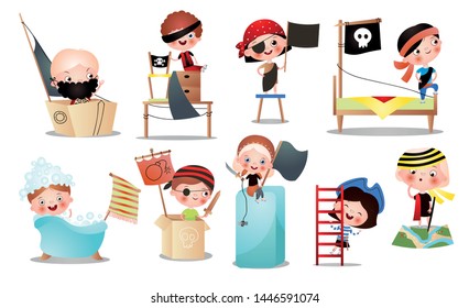 Set of different kid characters that play in pirate game